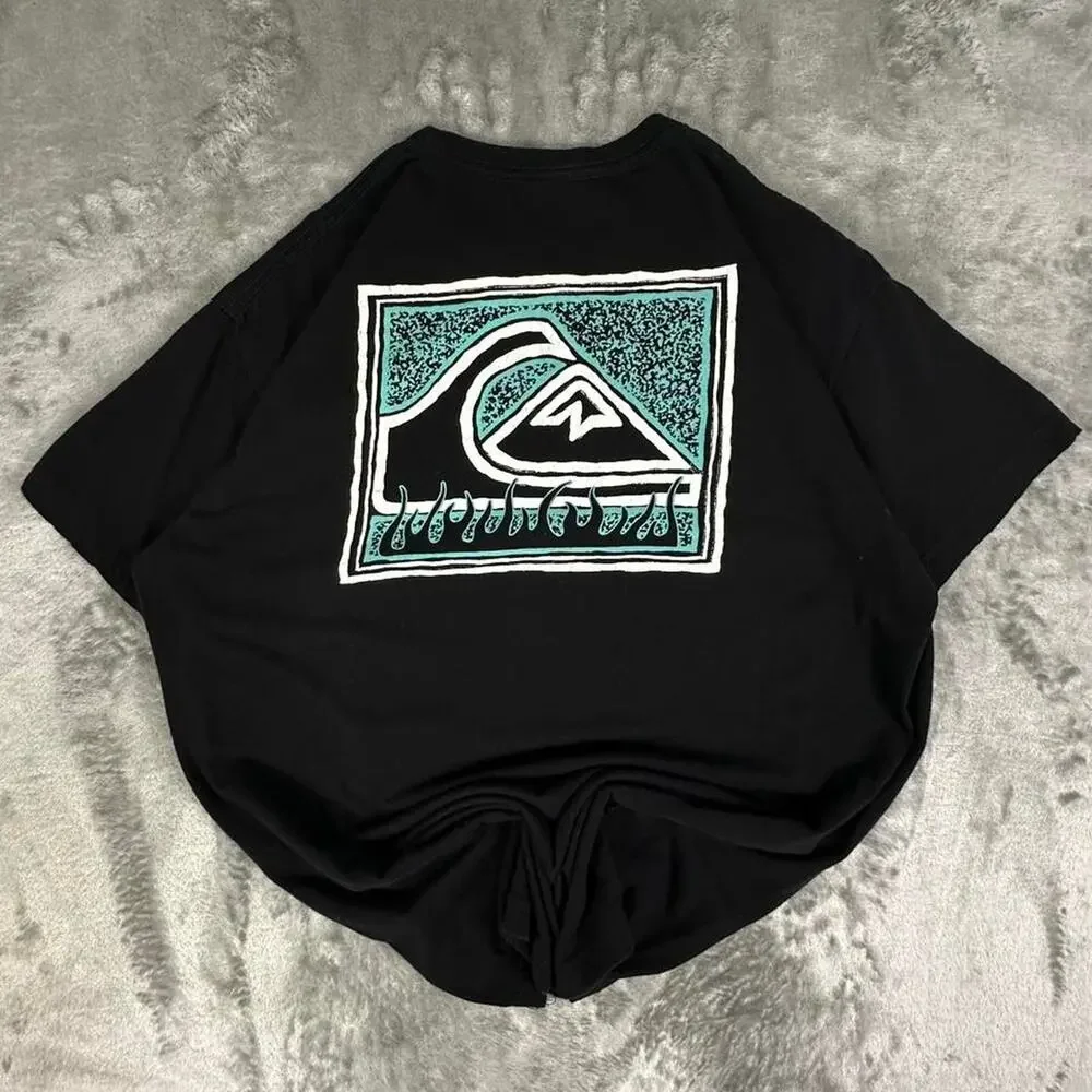 Quiksilver Black Blue Logo In Flames Surfing Graphic T-shirt Size Large - Picture 2 of 5